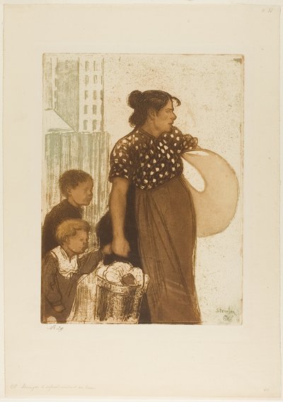 Dona de casa e crianças que regressam da lavandaria de Théophile Alexandre Pierre Steinlen