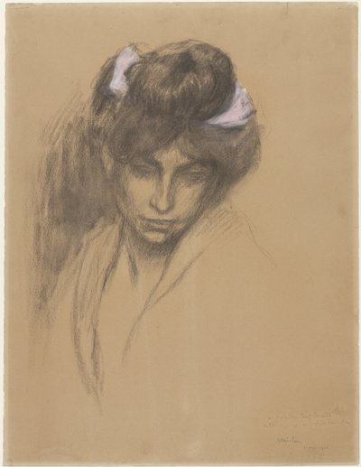 Cabeça de menina escura, olhando para a frente, com uma fita roxa enrolada no seu cabelo de Théophile Alexandre Steinlen