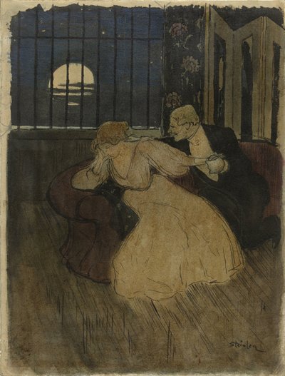 Cavalheiro de saia tenta persuadir uma senhora duvidosa em um sofá de Théophile Alexandre Steinlen