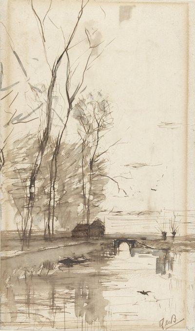 Vista do canal com árvores altas, uma fazenda e uma ponte de Théophile de Bock (possibly)
