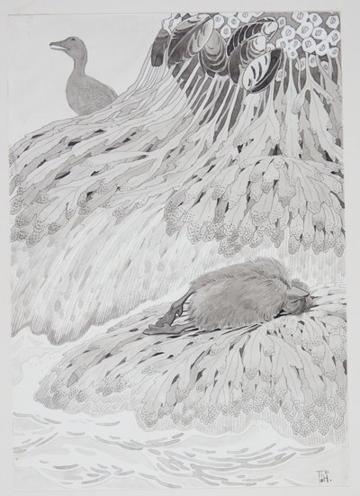 Um eider e um pássaro morto em uma praia de Thorolf Holmboe