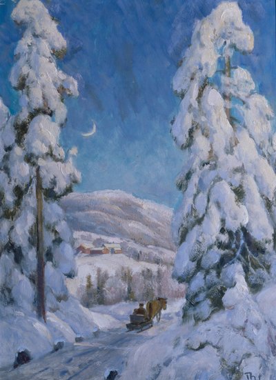 Cavalo e trenó na paisagem de inverno (óleo sobre tela) de Thorolf Holmboe