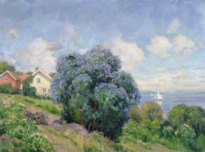 Paisagem de verão com arbusto lilás, casa e barco à vela (óleo sobre tela) de Thorolf Holmboe