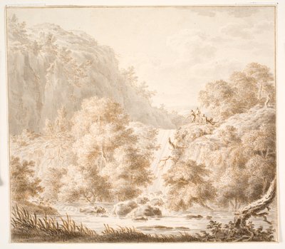 Paisagem montanhosa com árvores e cachoeiras e três figuras de Thorsten Elias Hjaltelin
