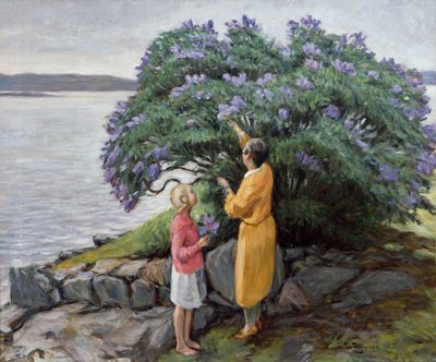 Mulher e criança junto ao arbusto lilás de Thorvald Torgersen