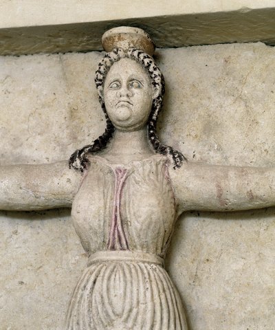 Túmulo trácio de Sveshtari, detalhe de uma estátua de mulher em Atlas, século III a.C. (escultura de pedra) de Thracian Thracian