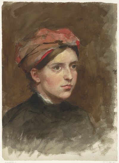 Retrato de uma jovem mulher com um lenço de cabeça vermelho de Thérèse Schwartze