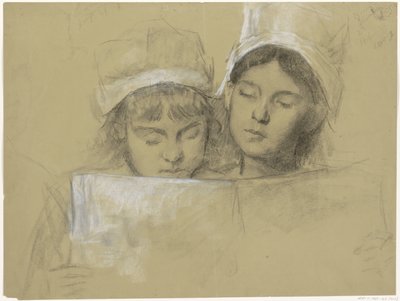 Duas raparigas de boné branco, lendo num livro de Thérèse Schwartze