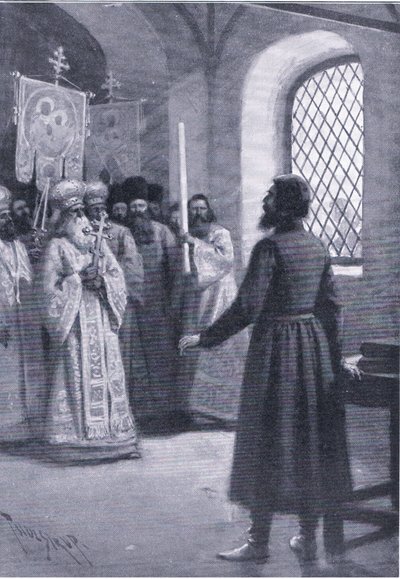 Boris Godunov em aposentadoria no mosteiro, pediu para aceitar sua eleição como Czar, ilustração de Landmarks in European History publicada pela Gresham Publishing Co, c.1920 (litho) de Thure de Thulstrup