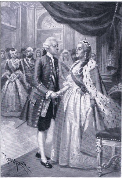 Encontro de Catarina II da Rússia e José II da Áustria, ilustração de Landmarks in European History publicada pela Gresham Publishing Co, c.1920 (litho) de Thure de Thulstrup