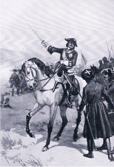 Pedro o Grande na batalha de Pultowa, ilustração de Landmarks in European History publicada pela Gresham Publishing Co, c.1920 (litho) de Thure de Thulstrup