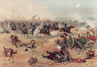 Sheridans Final Charge em Winchester, pub. : Prang & Co., 1886 (litografia a cores) de Thure de Thulstrup