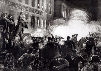O motim anarquista em Chicago: uma bomba de dinamite explodindo entre a polícia, da &39;Harper&39;s Weekly&39; de Thure de Thulstrup