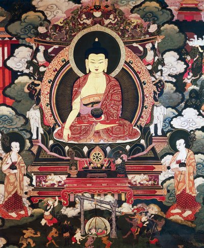 Buda sentado entre seus dois grandes discípulos Cariputra e Maudgalyayana, cenas da Vida de Buda Sakyamuni, civilização tibetana de Tibetan School