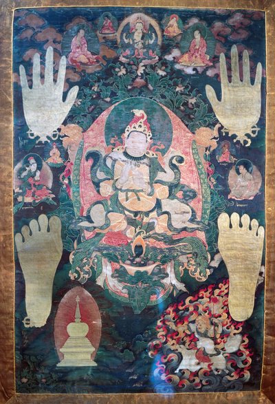 Gnya-Khri btsan-Po, lendário primeiro rei do Tibete, reencarnação do bodhisattva Avalokitesvara, um dos líderes temporais e espirituais do Tibete, pintura sobre tela, civilização tibetana de Tibetan School