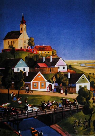 A típica aldeia húngara, ilustração de uma brochura turística, c.1930-40 (cor litho) de Tibor Polya