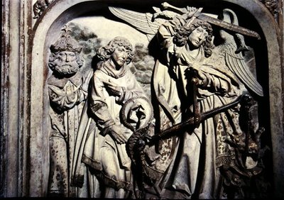Túmulo de Henrique II (973-1024) e sua esposa Kunigunde, detalhe da pesagem do coração de Henrique II na presença de São Lourenço de Tilman Riemenschneider