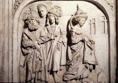 Túmulo de Henri II 973-1024 e sua esposa Kunigunde, detalhe do julgamento de Kunigundes por fogo por suspeita de adultério, 1499-1513 pedra de Tilman Riemenschneider