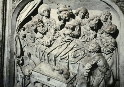Túmulo de Henri II 973-1024 e sua esposa Kunigunde, detalhe da morte do imperador, 1499-1513 pedra de Tilman Riemenschneider