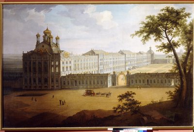 O Grande Palácio em Tsarkoye Selo (Rússia). Pintura por Timofei Alexeyevich Vasilyev (1783-1838), óleo sobre tela de Timofei Alexeyevich Vasilyev