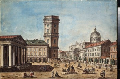 Vue de la perspective Nevsky a Saint Petersbourg (Vista do Prospekt Nevsky em São Petersburgo) - Oeuvre de Timofei Alexeyevich Vasilyev (1783-1838), aquarelle et encre sur papier, vers 1810 - Art russe de Timofei Alexeyevich Vasilyev