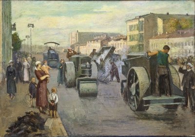 A reconstrução de Moscovo par Pustovalov, Timofei Ermilovich (1891-1944). Óleo sobre tela, tamanho : 82x115 de Timofei Ermilovich Pustovalov
