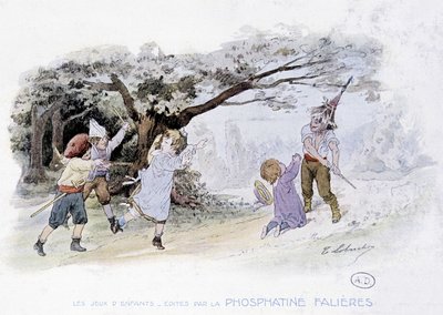 Jogos infantis: crianças jogando guerra, soldados - dess. de Lobrichon, ed. de Phosphatine Falières, v.1920 de Timoleon Marie Lobrichon