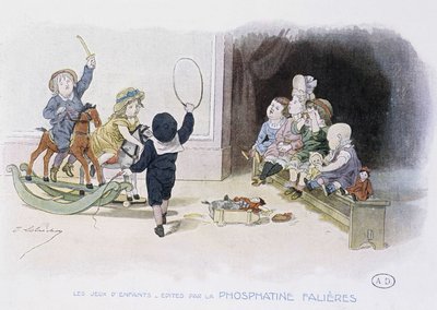 Jogos infantis: crianças com diferentes brinquedos (aro, cavalo de balanço, bonecos...) - dess. de Lobrichon, ed. de Phosphatine Falieres, v.1920 de Timoleon Marie Lobrichon