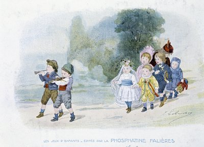 Jogos infantis: procissão de casamento, crianças disfarçadas de noivas - dess. de Lobrichon, ed. de Phosphatine Falières, v.1920 de Timoleon Marie Lobrichon