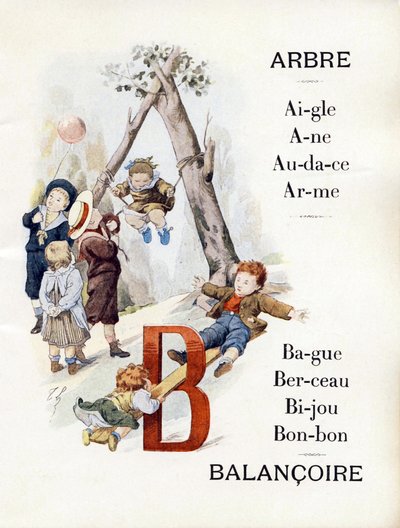 Letras A e B representando crianças brincando de balançar, final do século XIX (cromolitografia) de Timoleon Marie Lobrichon