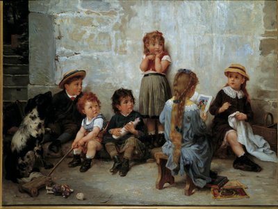 A passagem emocionante Crianças ouvindo um livro. Pintura de Timoleon Lobrichon (1831-1914) Século XIX. Coleção particular de Timoleon Marie Lobrichon