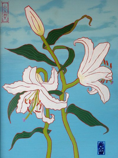 lírio branco sobre um fundo azul, 2010, óleo sobre madeira de Timothy Nathan Joel