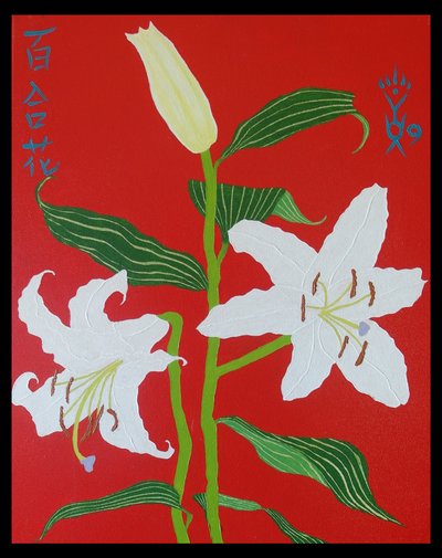 lírio branco sobre fundo vermelho no.2, 2008, óleo sobre tela de Timothy Nathan Joel