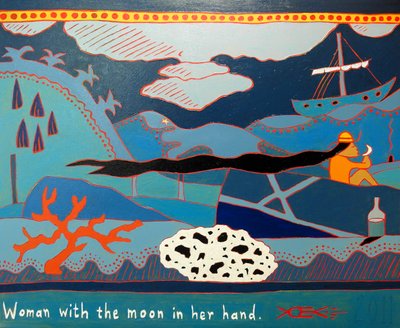 Mulher com a lua na mão, 2011, óleo sobre tela de Timothy Nathan Joel
