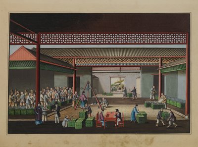 Pesagem e compra de chá, c.1860 (aguarela sobre papel) de Tinqua