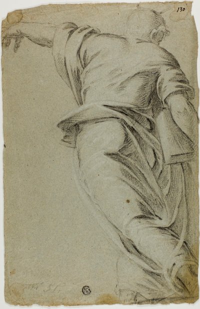 Moses caminhando para a esquerda, apontando com a mão esquerda de Tintoretto
