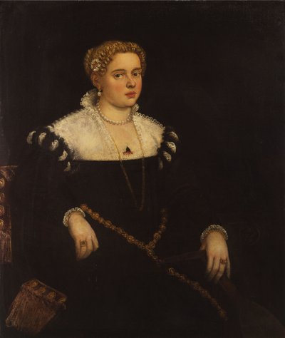 Retrato de uma senhora, comprimento de três quartos, segurando um bandolim de Tintoretto