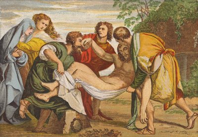 José de Arimateia deitando o corpo de Jesus no seu próprio túmulo (litografia a cores) de Titian (c.1488-1576) (after)