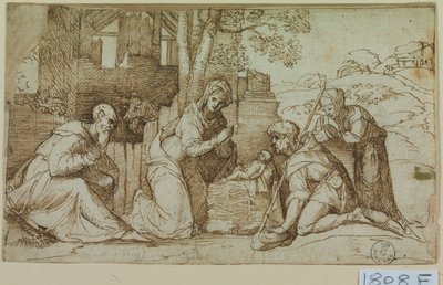 Adoração dos pastores (caneta e tinta sobre papel) de Titian (c.1488-1576)