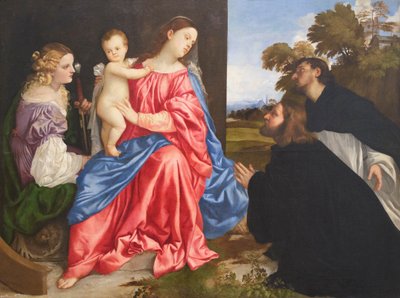 Conversa sagrada, com os Santos Catarina e Domingos e o doador, c.1533 (óleo sobre tela) de Titian (c.1488 1576)
