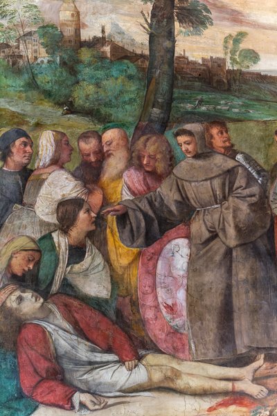 Santo António recolocando o pé a um jovem, Escola do Santo, detalhe de 2197268 (fresco) de Titian (c.1488 1576)