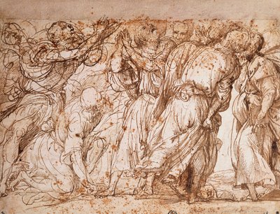 Estudo do grupo dos Apóstolos na Igreja da Assunção dos Frades em Veneza, Tiziano Vecellio (ca. 1490-1576), caneta e desenho a tinta de Titian (c.1488 1576)