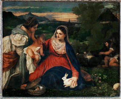 A Virgem com um coelho ... de Titian (c.1488-1576)