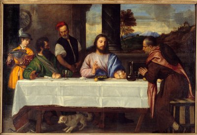Jantar em Emaús Conheça Jesus com pelerins. Pintura de Tiziano Vecellio dit le Titian (1485-1576) 16th Century Sun. 1,69x2,44 m de Titian (c.1488 1576)