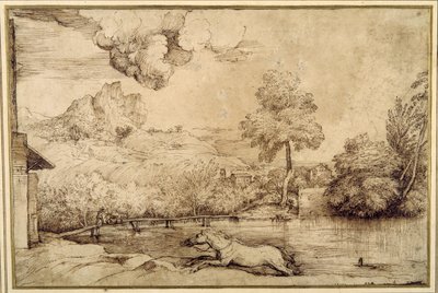 Paisagem: um cavalo sem cavaleiro perseguido por uma serpente (caneta e tinta castanha sobre papel de cor creme) de Titian (c.1488 1576)