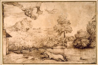 Paisagem: um cavalo sem cavaleiro perseguido por uma serpente (caneta e tinta castanha sobre papel creme) de Titian (c.1488 1576)