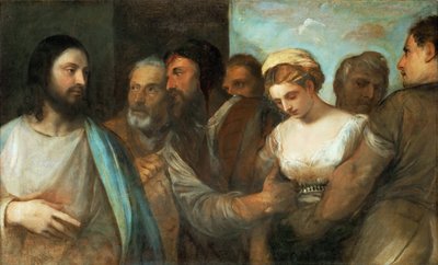 Le Christ et la femme adultere - Cristo e a Mulher Tomada em Adultério, de Ticiano (1488-1576). Óleo sobre tela, c. 1520. Dimensão : 82,5x136,5 cm. Museu de História de Arte, Vienne de Tiziano Vecelli