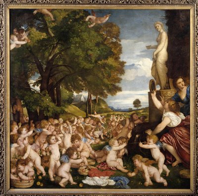 Offrande a Venus Little amours (angelos) se reúnem para prestar homenagem à deusa Afrodite - Pintura de Tiziano Vecellio chamada Titian (1485-1576) 1518 Sol. 1,72 X 1,75 m Madrid musee du Prado - O culto a Vénus - Pintura de Tiziano Vecellio chamada Tit de Tiziano Vecelli