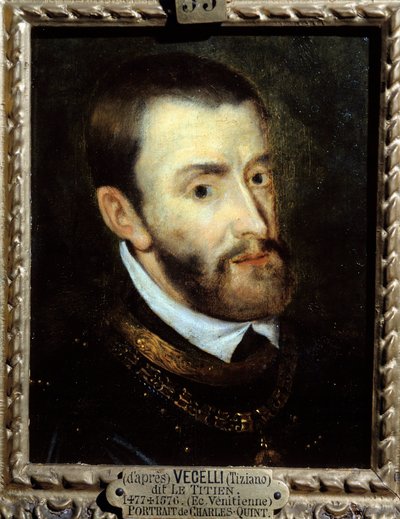 Retrato do Imperador Carlos V (1500-1558) Pintura de Augustine Quesnel (1595-1661) depois de Tiziano Vecellio conhecido como Le Titian (1485-1576) do século XVI. Chantilly, Musee Conde de Titian (c.1488 1576)