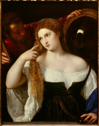 Retrato de uma mulher com seu banheiro Um espelho atrás dele reflete a cena. Uma criada segura outro espelho para ela, ela se olha silenciosamente. A jovem mulher seria Laura Dianti, dona de Alfonso I d